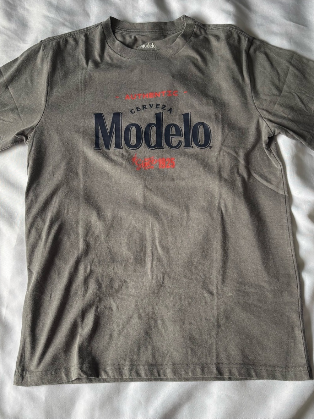 ModelCo Men's Gray Tee with Navy and Red Logo